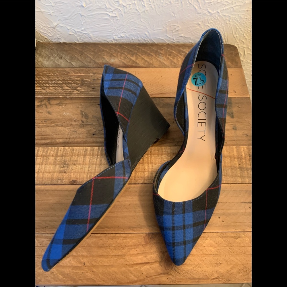 Sole Society Blue Plaid Wedges
